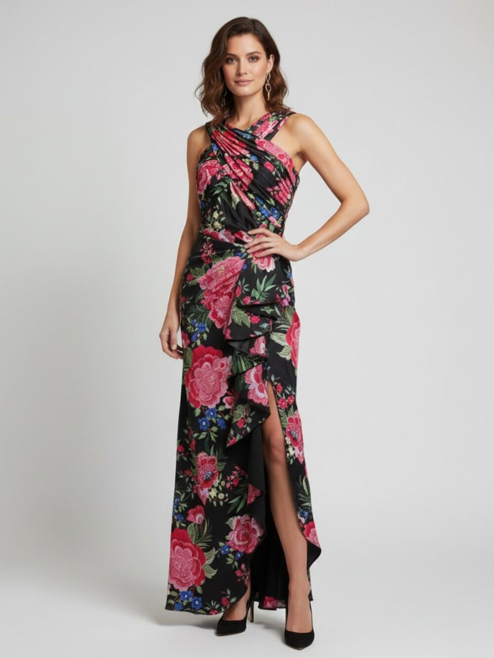 Tadashi Shoji Elarra Floral Waterfall Flounce Gown NWT Small